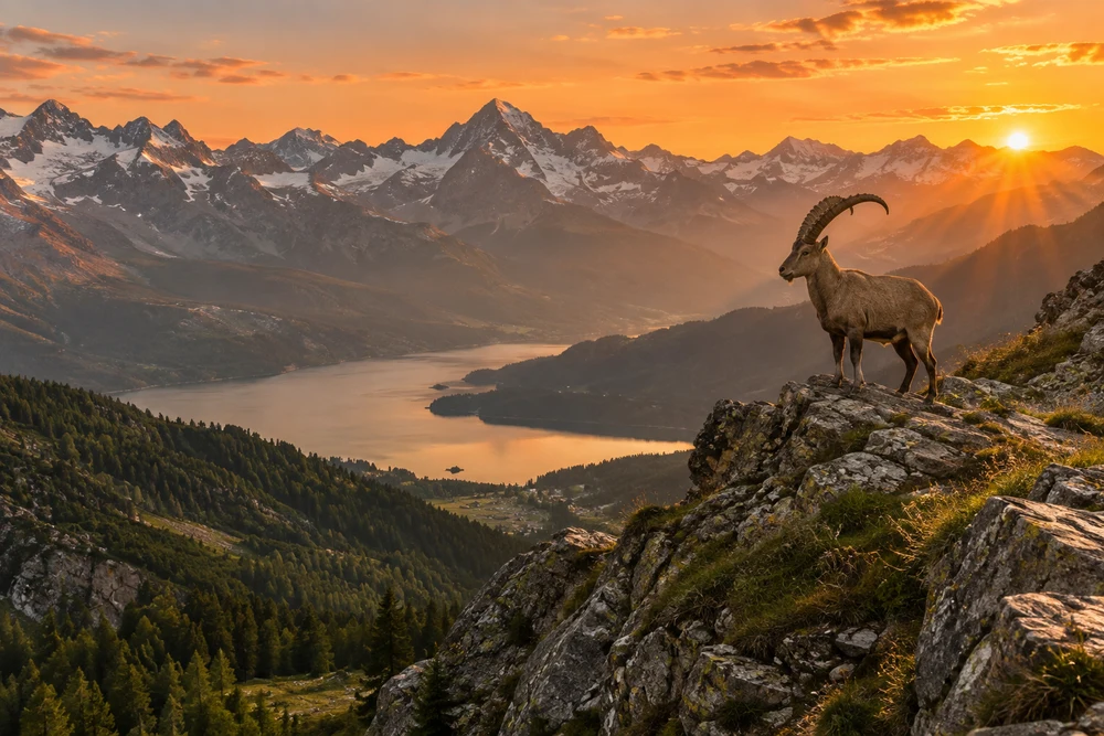 A wild ibex on a rocky ridge above an alpine lake at sunset