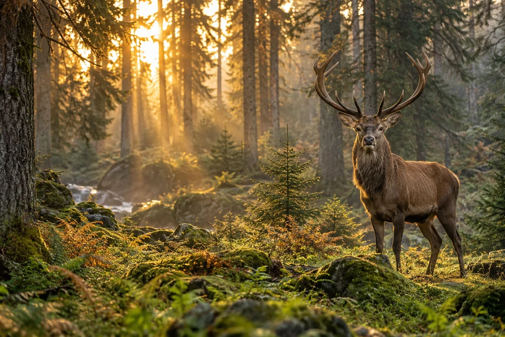 A red deer stag in a forest clearing with warm sunlight and morning mist